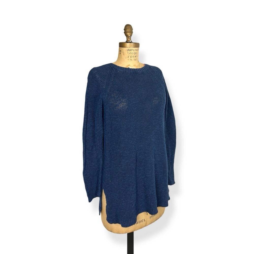 Eileen Fisher Organic Cotton Linen Navy Blue Knit Pullover Side Split Sweater